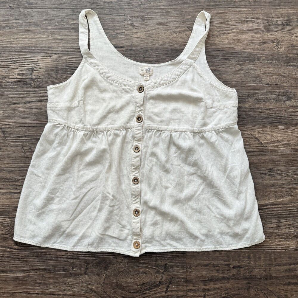 Terra & Sky Top 1X  Cami IvoryLinen Blend Sleeveless Cottagecore Buttons EUC
